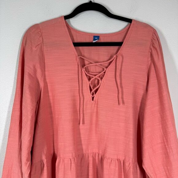 Old Navy Aspen Lace Up Tiered Summer Dress Coral Long Sleeve Plus Size XXL - Picture 2 of 8